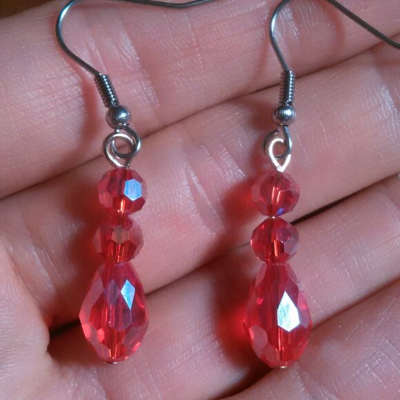 Beveled Red Glass Three Stone Silvertone and Stainless Steel Dangle Earrings - Picture 3 of 11